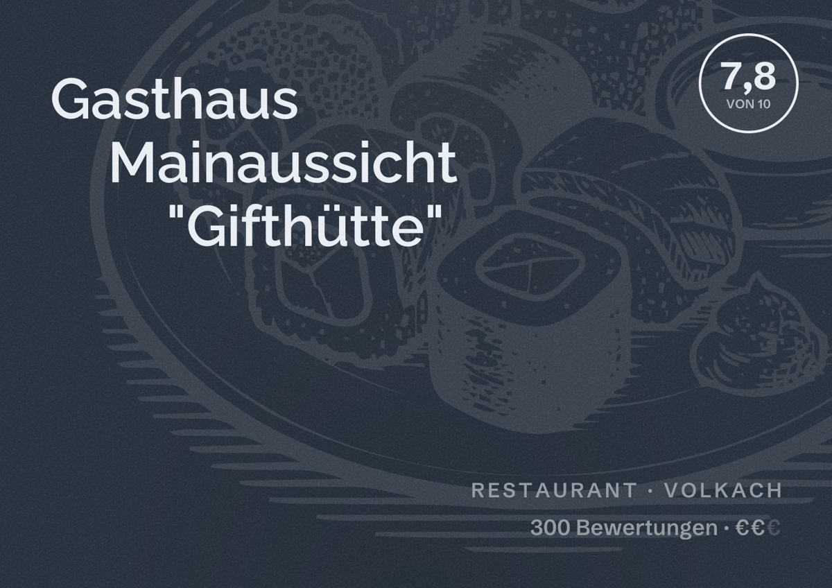 Illustriertes Poster von Gasthaus Mainaussicht "Gifthütte", Restaurant in Volkach: Bewertung 7,8 von 10 aus 300 Bewertungen, Preisniveau €€