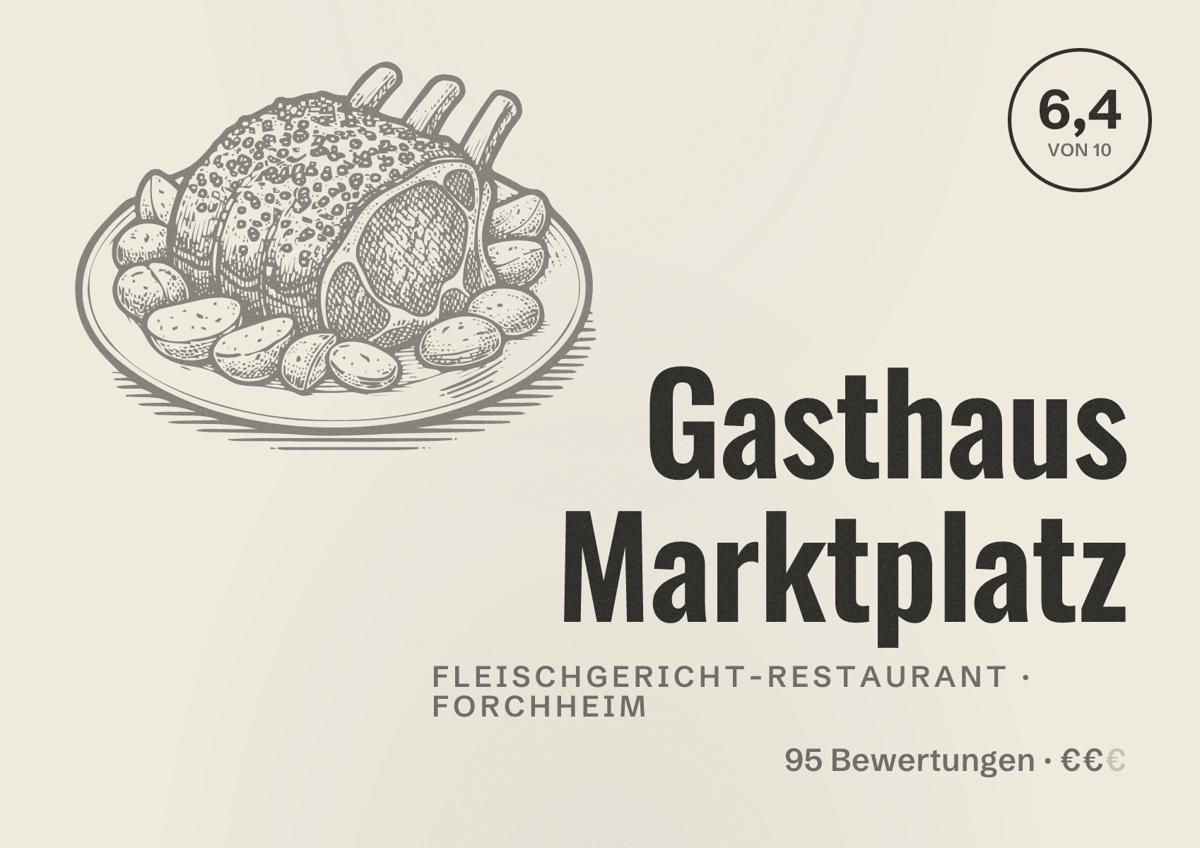 Illustriertes Poster von Gasthaus Marktplatz, Fleischgericht-Restaurant in Forchheim: Bewertung 6,4 von 10 aus 95 Bewertungen, Preisniveau €€