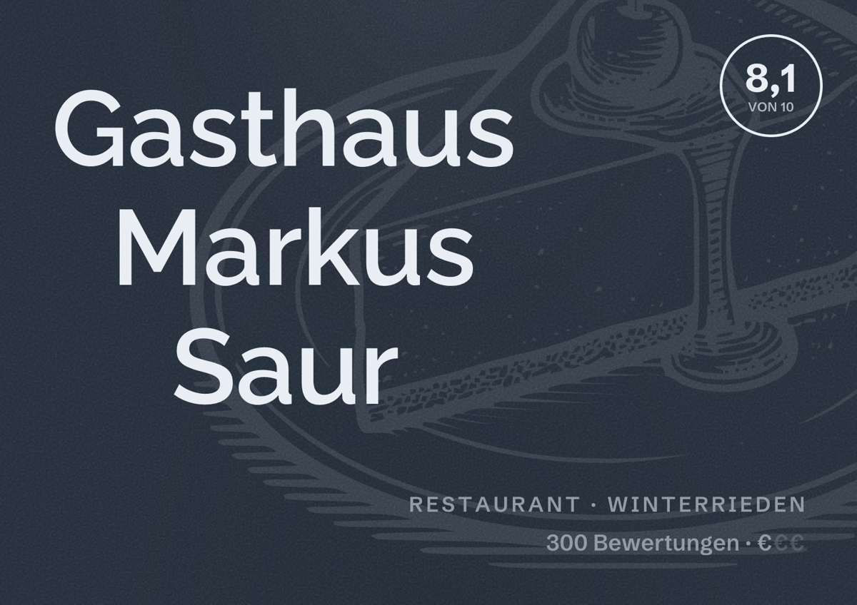Illustriertes Poster von Gasthaus Markus Saur, Restaurant in Winterrieden: Bewertung 8,1 von 10 aus 300 Bewertungen, Preisniveau €