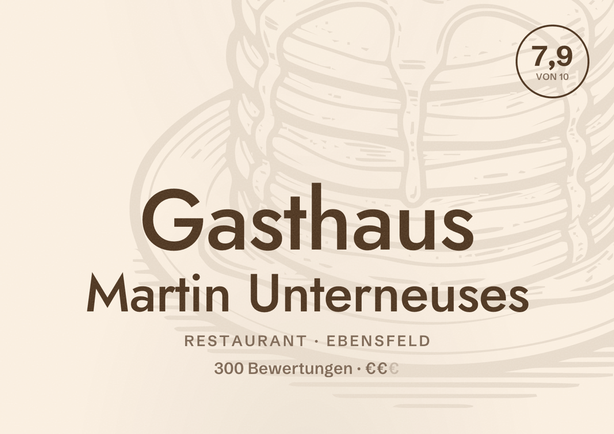 Illustriertes Poster von Gasthaus Martin Unterneuses, Restaurant in Ebensfeld: Bewertung 7,9 von 10 aus 300 Bewertungen, Preisniveau €€