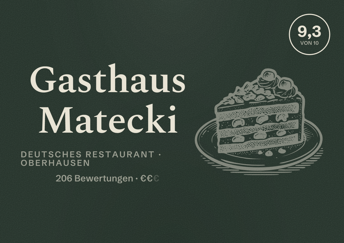 Illustriertes Poster von Gasthaus Matecki, Deutsches Restaurant in Oberhausen: Bewertung 9,3 von 10 aus 206 Bewertungen, Preisniveau €€