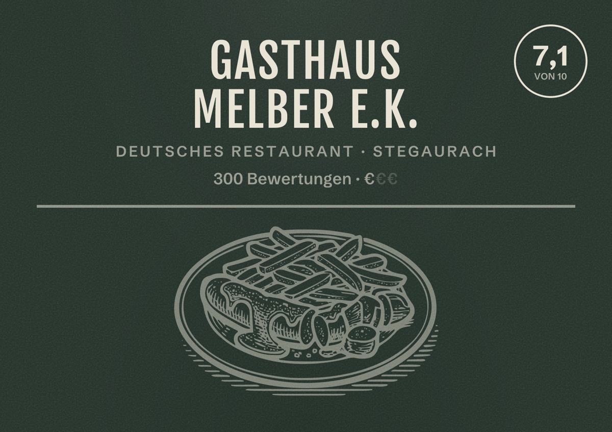 Illustriertes Poster von Gasthaus Melber e.K., Deutsches Restaurant in Stegaurach: Bewertung 7,1 von 10 aus 300 Bewertungen, Preisniveau €