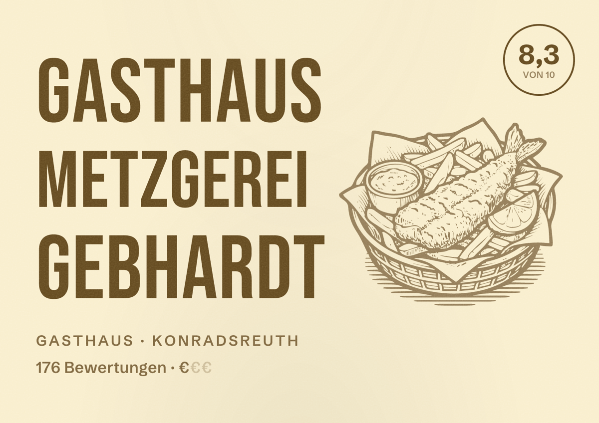 Illustriertes Poster von Gasthaus Metzgerei Gebhardt, Gasthaus in Konradsreuth: Bewertung 8,3 von 10 aus 176 Bewertungen, Preisniveau €
