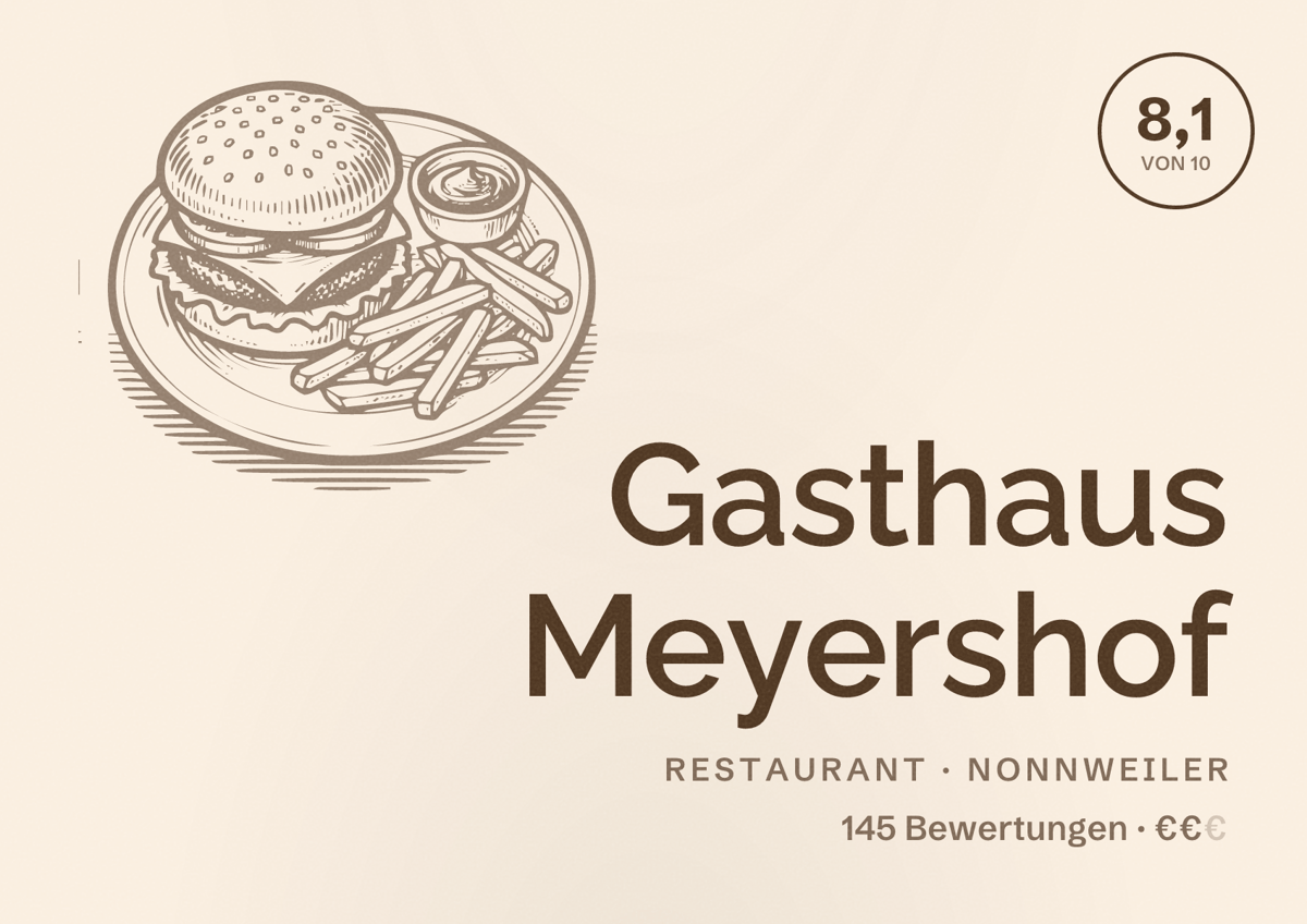 Illustriertes Poster von Gasthaus Meyershof, Restaurant in Nonnweiler: Bewertung 8,1 von 10 aus 145 Bewertungen, Preisniveau €€