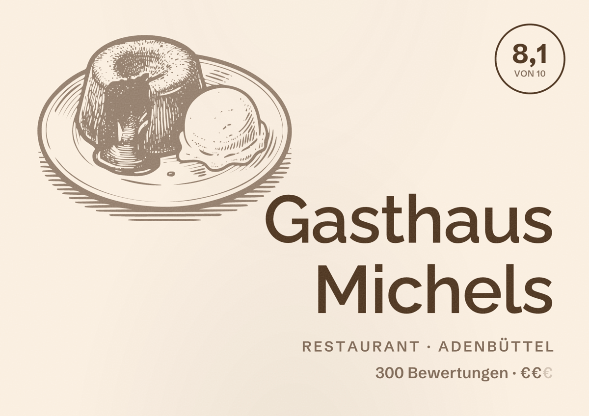 Illustriertes Poster von Gasthaus Michels, Restaurant in Adenbüttel: Bewertung 8,1 von 10 aus 300 Bewertungen, Preisniveau €€