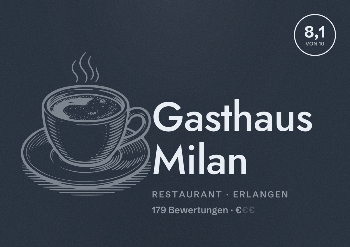 Illustriertes Poster von Gasthaus Milan, Restaurant in Erlangen: Bewertung 8,1 von 10 aus 179 Bewertungen, Preisniveau €