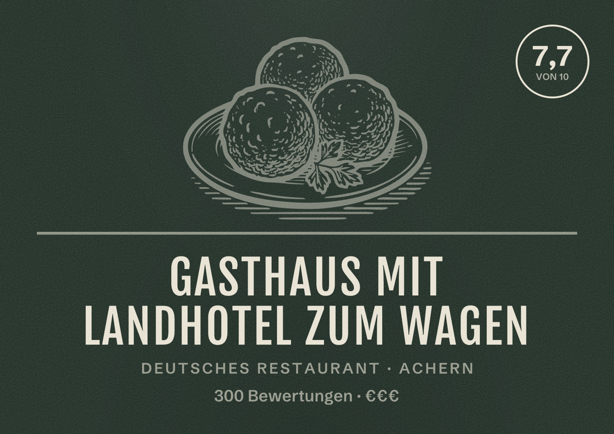 Illustriertes Poster von Gasthaus mit Landhotel zum Wagen, Deutsches Restaurant in Achern: Bewertung 7,7 von 10 aus 300 Bewertungen, Preisniveau €€€
