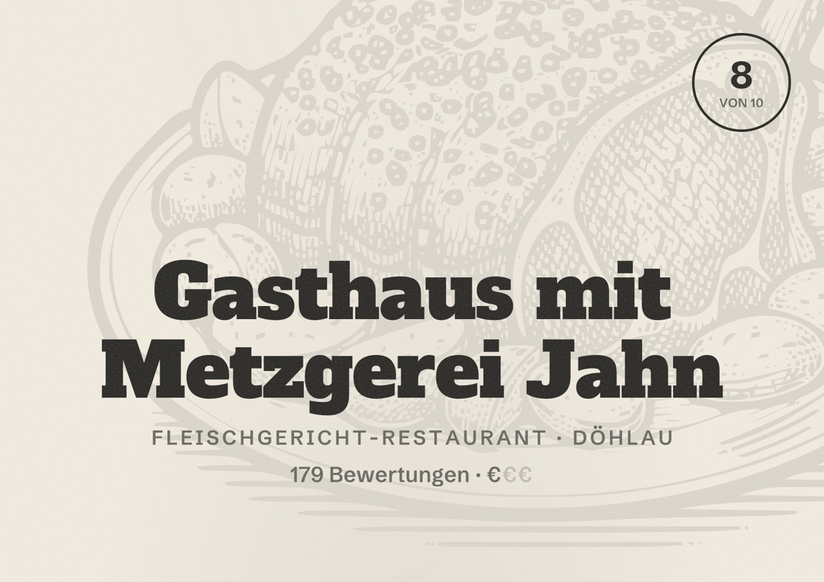 Illustriertes Poster von Gasthaus mit Metzgerei Jahn, Fleischgericht-Restaurant in Döhlau: Bewertung 8 von 10 aus 179 Bewertungen, Preisniveau €
