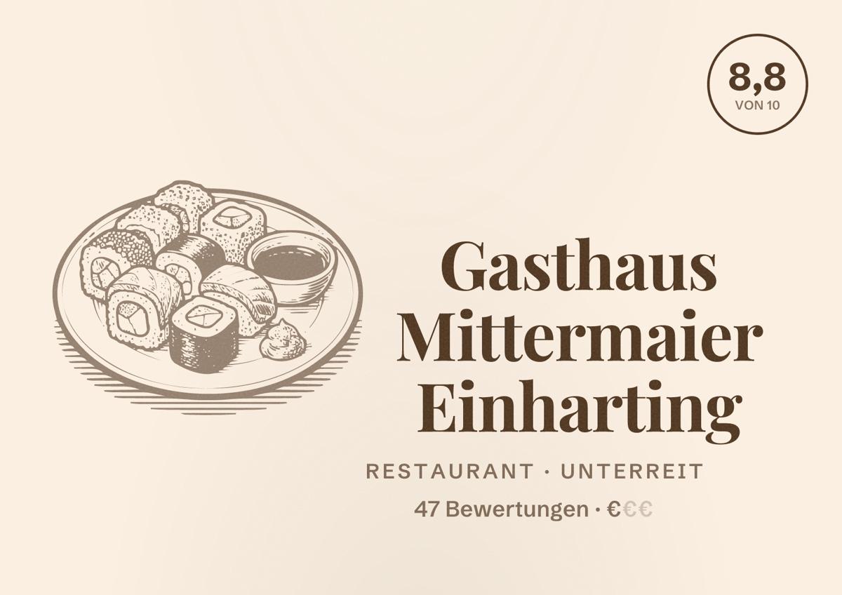 Illustriertes Poster von Gasthaus Mittermaier Einharting, Restaurant in Unterreit: Bewertung 8,8 von 10 aus 47 Bewertungen, Preisniveau €