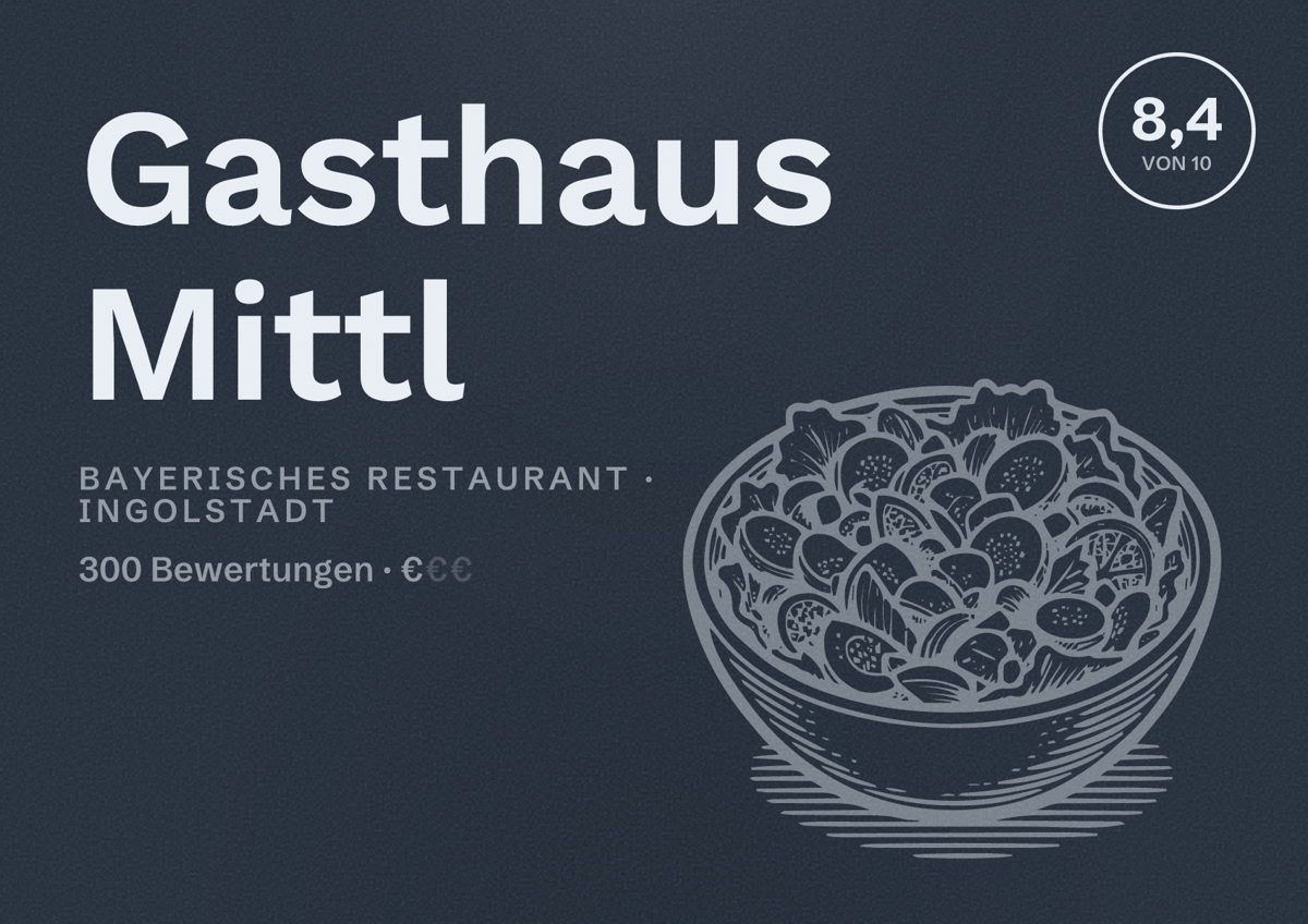 Illustriertes Poster von Gasthaus Mittl, Bayerisches Restaurant in Ingolstadt: Bewertung 8,4 von 10 aus 300 Bewertungen, Preisniveau €