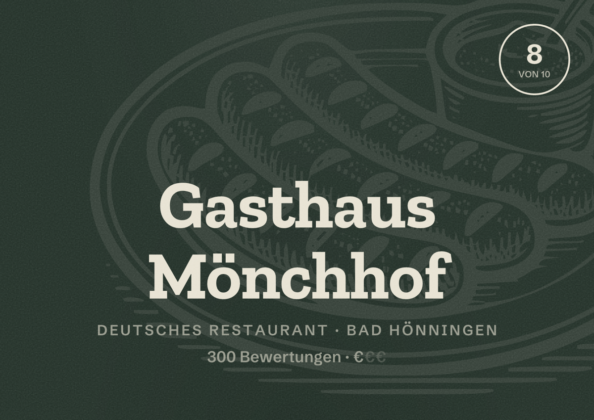 Illustriertes Poster von Gasthaus Mönchhof, Deutsches Restaurant in Bad Hönningen: Bewertung 8 von 10 aus 300 Bewertungen, Preisniveau €