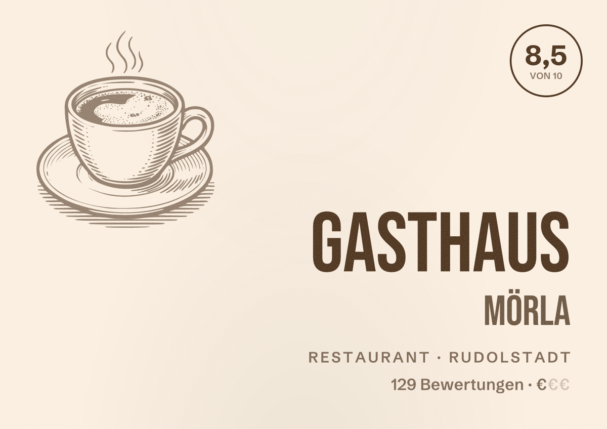 Illustriertes Poster von Gasthaus Mörla, Restaurant in Rudolstadt: Bewertung 8,5 von 10 aus 129 Bewertungen, Preisniveau €