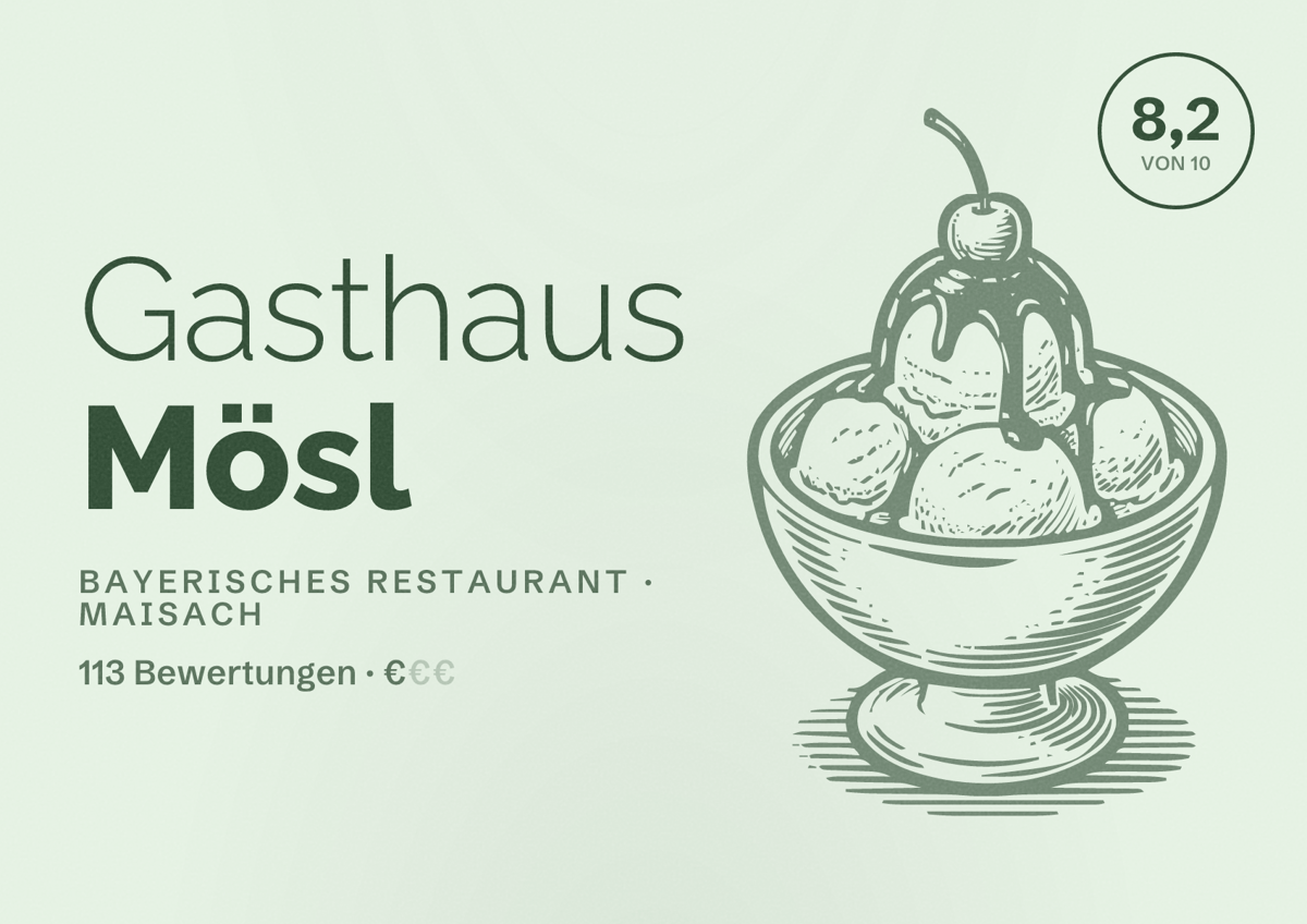 Illustriertes Poster von Gasthaus Mösl, Bayerisches Restaurant in Maisach: Bewertung 8,2 von 10 aus 113 Bewertungen, Preisniveau €