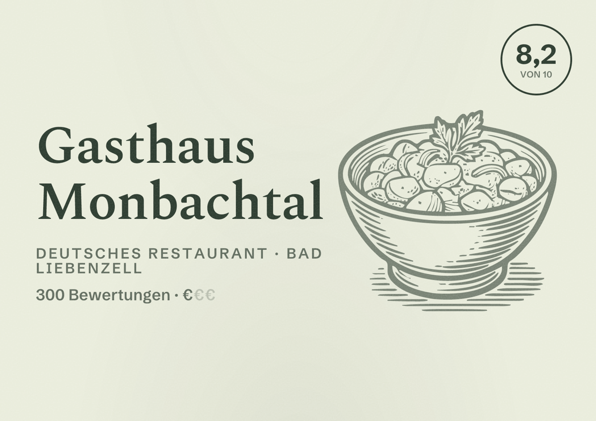 Illustriertes Poster von Gasthaus Monbachtal, Deutsches Restaurant in Bad Liebenzell: Bewertung 8,2 von 10 aus 300 Bewertungen, Preisniveau €