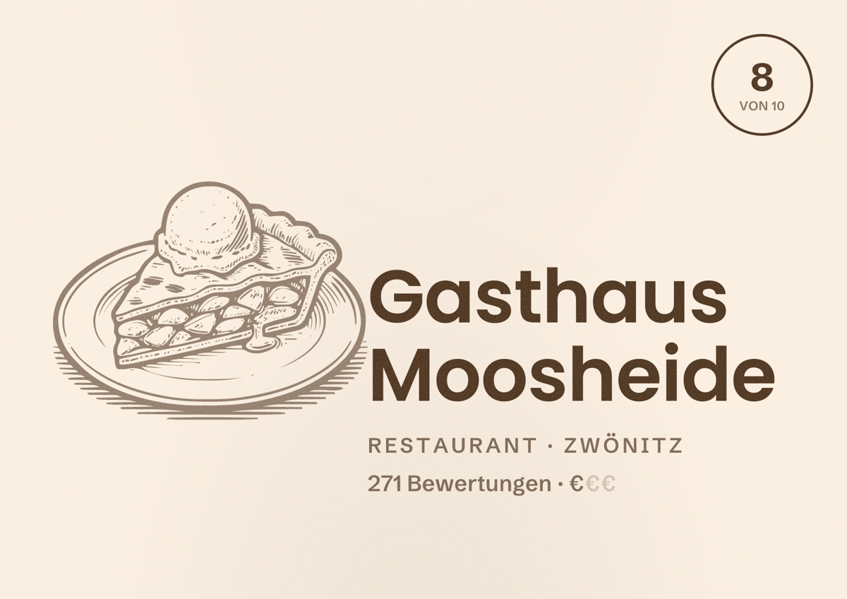 Illustriertes Poster von Gasthaus Moosheide, Restaurant in Zwönitz: Bewertung 8 von 10 aus 271 Bewertungen, Preisniveau €