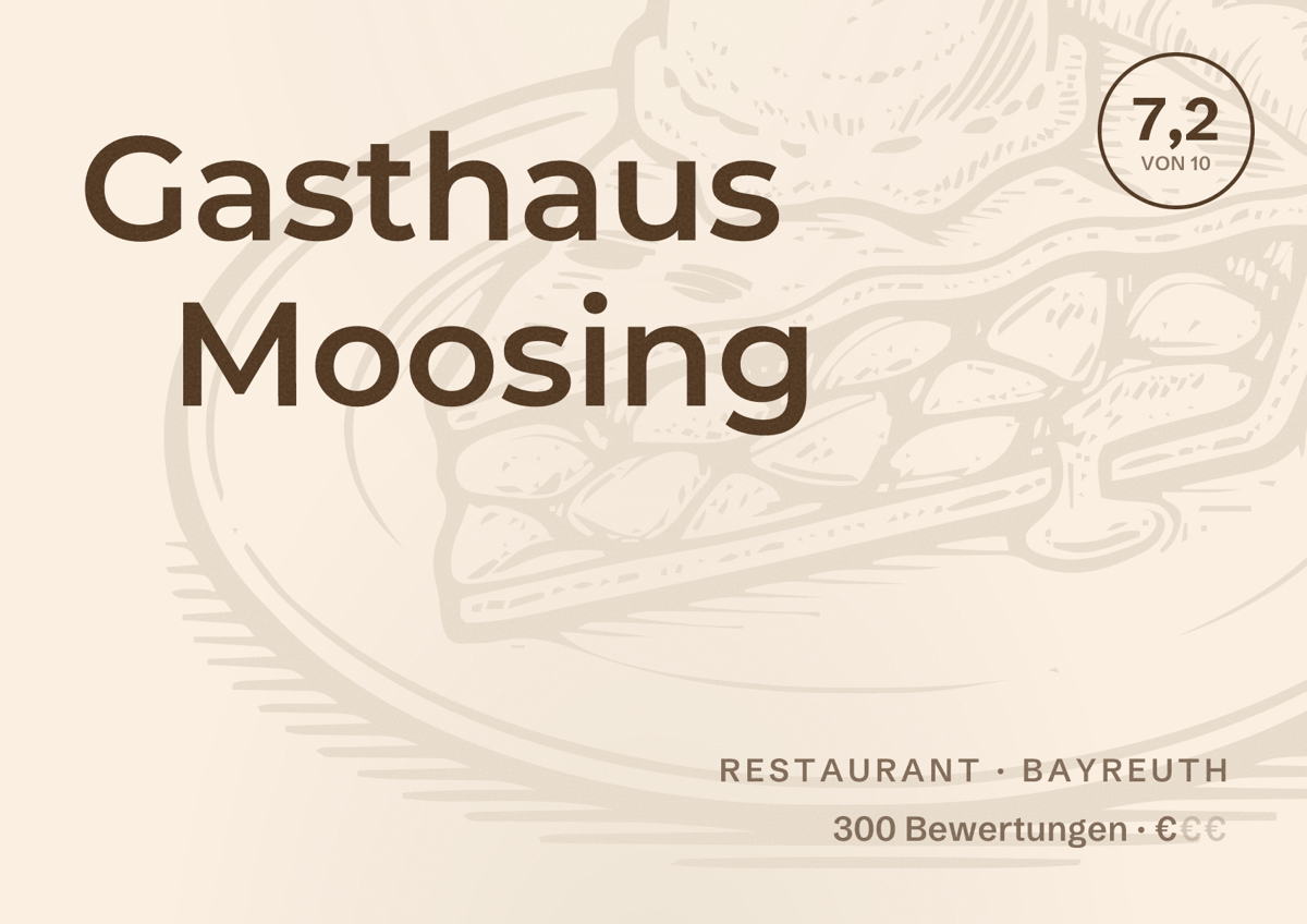 Illustriertes Poster von Gasthaus Moosing, Restaurant in Bayreuth: Bewertung 7,2 von 10 aus 300 Bewertungen, Preisniveau €