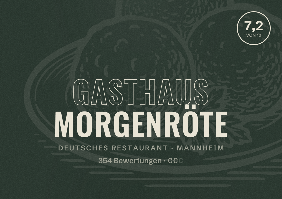 Illustriertes Poster von Gasthaus Morgenröte, Deutsches Restaurant in Mannheim: Bewertung 7,2 von 10 aus 354 Bewertungen, Preisniveau €€