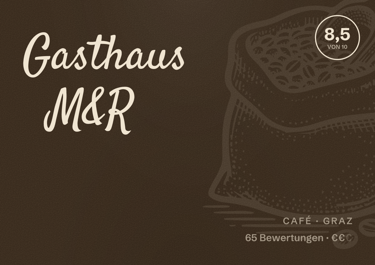 Illustriertes Poster von Gasthaus M&R, Café in Graz: Bewertung 8,5 von 10 aus 65 Bewertungen, Preisniveau €€