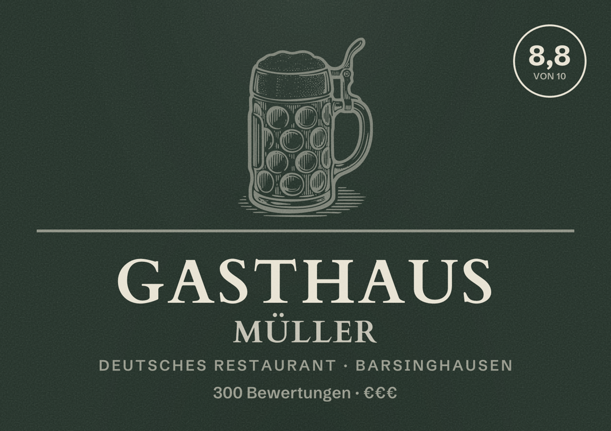 Illustriertes Poster von Gasthaus Müller, Deutsches Restaurant in Barsinghausen: Bewertung 8,8 von 10 aus 300 Bewertungen, Preisniveau €€€