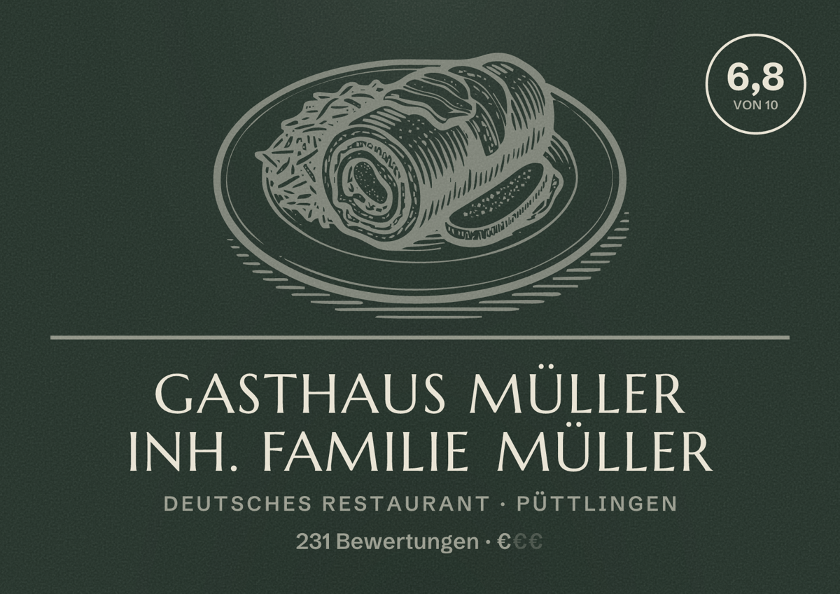 Illustriertes Poster von Gasthaus Müller Inh. Familie Müller, Deutsches Restaurant in Püttlingen: Bewertung 6,8 von 10 aus 231 Bewertungen, Preisniveau €