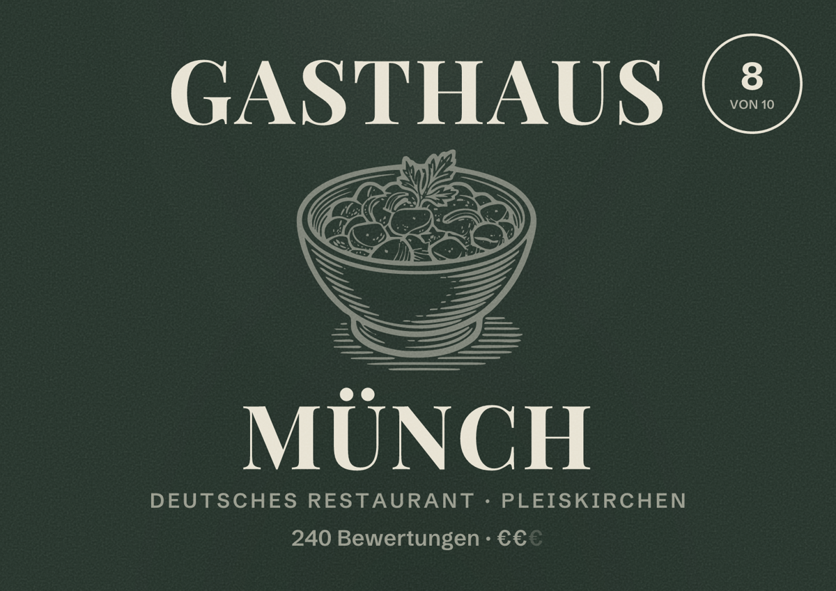 Illustriertes Poster von Gasthaus Münch, Deutsches Restaurant in Pleiskirchen: Bewertung 8 von 10 aus 240 Bewertungen, Preisniveau €€