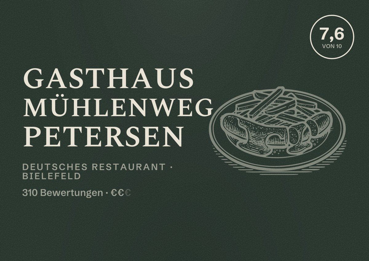 Illustriertes Poster von Gasthaus Mühlenweg Petersen, Deutsches Restaurant in Bielefeld: Bewertung 7,6 von 10 aus 310 Bewertungen, Preisniveau €€
