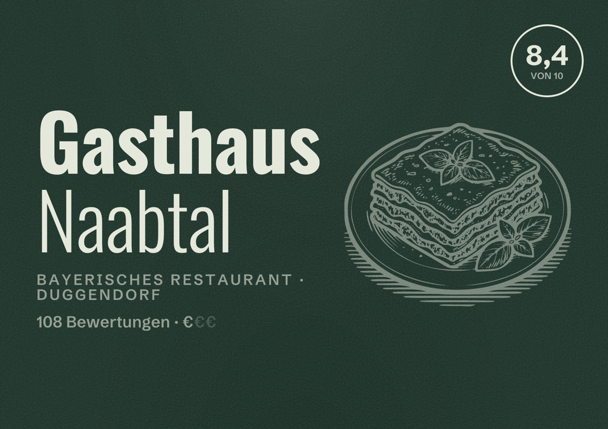 Illustriertes Poster von Gasthaus Naabtal, Bayerisches Restaurant in Duggendorf: Bewertung 8,4 von 10 aus 108 Bewertungen, Preisniveau €