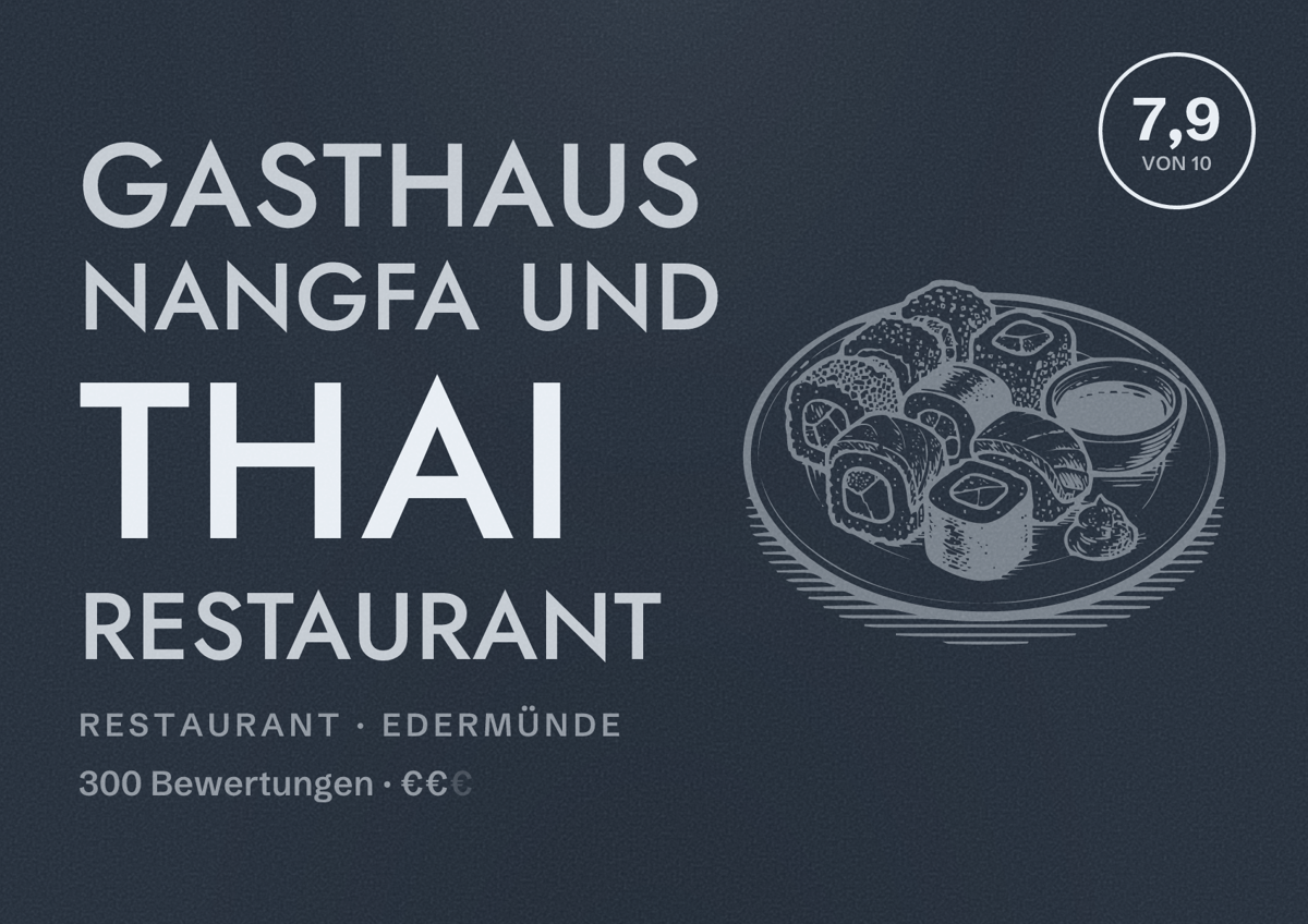 Illustriertes Poster von Gasthaus Nangfa und Thai Restaurant, Restaurant in Edermünde: Bewertung 7,9 von 10 aus 300 Bewertungen, Preisniveau €€