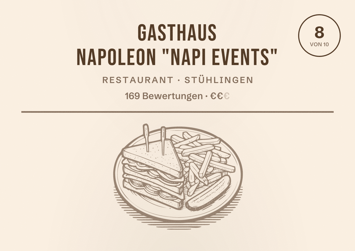 Illustriertes Poster von Gasthaus Napoleon "Napi Events", Restaurant in Stühlingen: Bewertung 8 von 10 aus 169 Bewertungen, Preisniveau €€