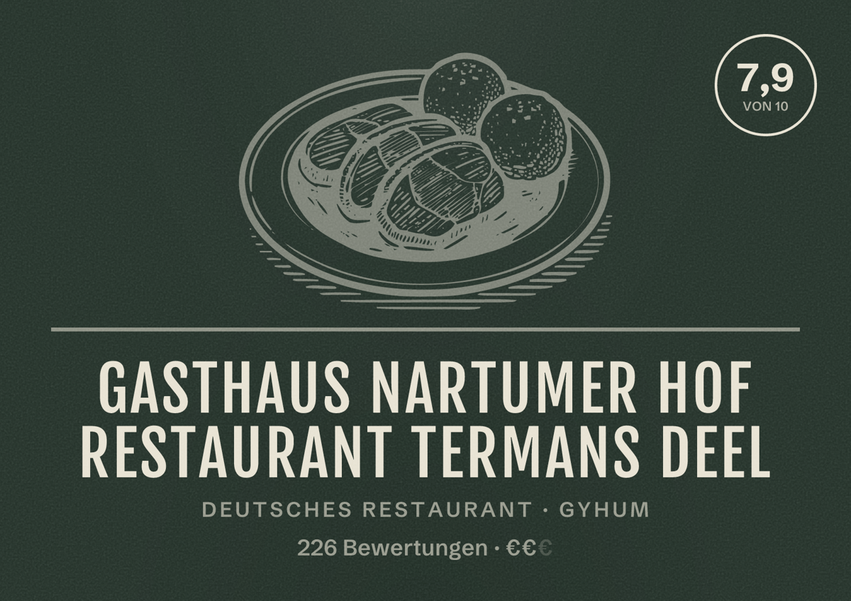 Illustriertes Poster von Gasthaus Nartumer Hof Restaurant Termans Deel, Deutsches Restaurant in Gyhum: Bewertung 7,9 von 10 aus 226 Bewertungen, Preisniveau €€