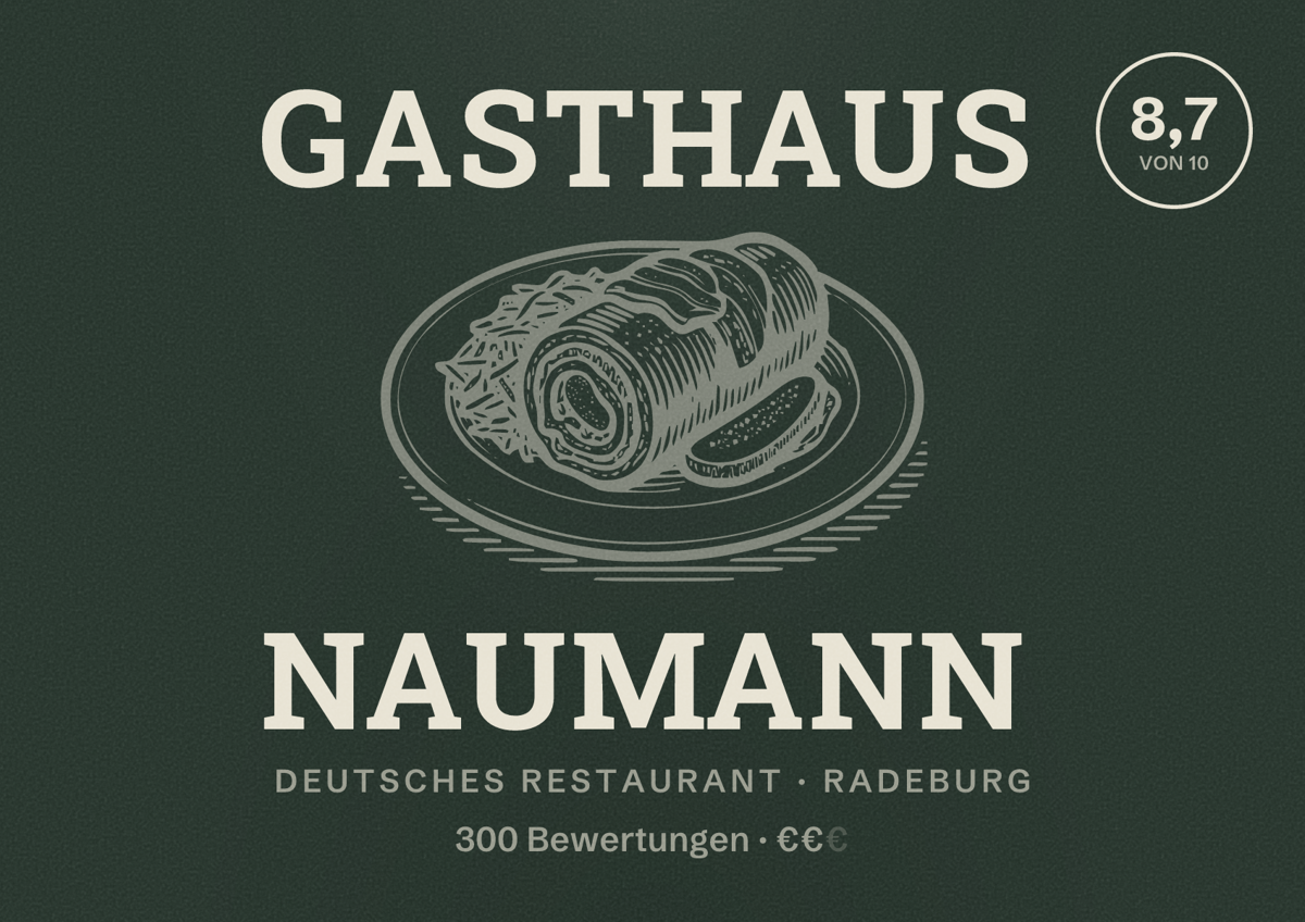 Illustriertes Poster von Gasthaus Naumann, Deutsches Restaurant in Radeburg: Bewertung 8,7 von 10 aus 300 Bewertungen, Preisniveau €€