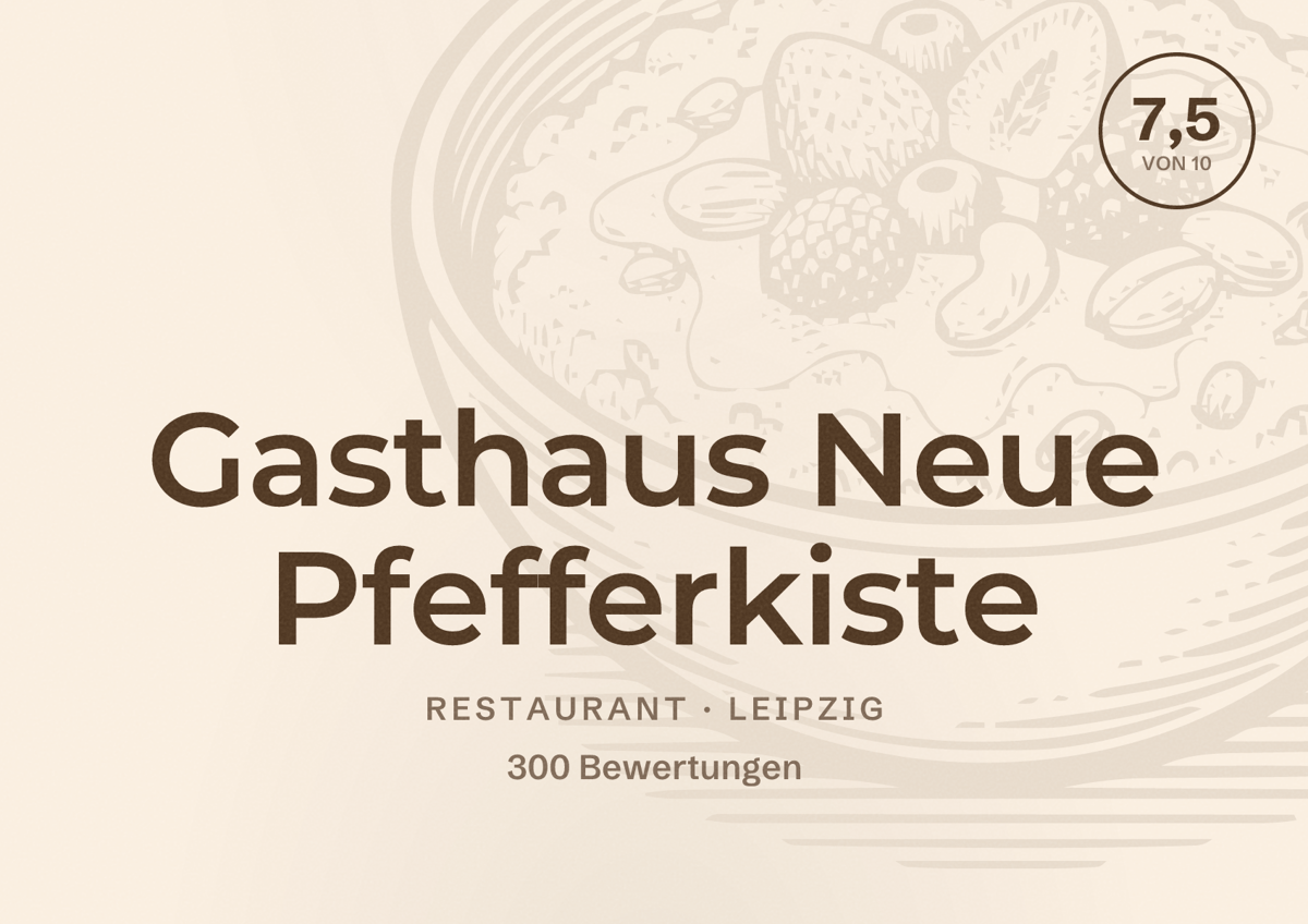 Illustriertes Poster von Gasthaus Neue Pfefferkiste, Restaurant in Leipzig: Bewertung 7,5 von 10 aus 300 Bewertungen