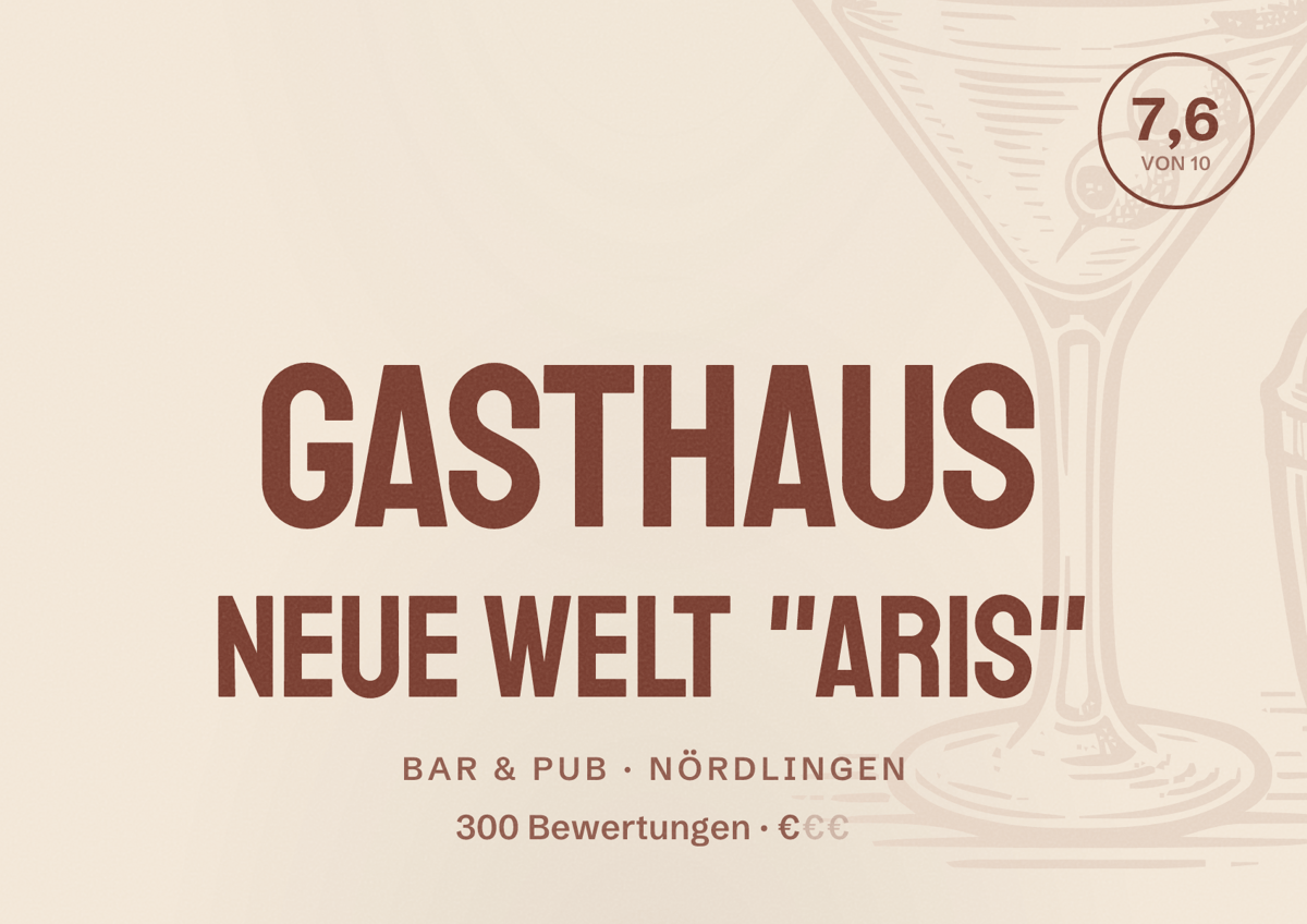Illustriertes Poster von Gasthaus Neue Welt "Aris", Bar & Pub in Nördlingen: Bewertung 7,6 von 10 aus 300 Bewertungen, Preisniveau €