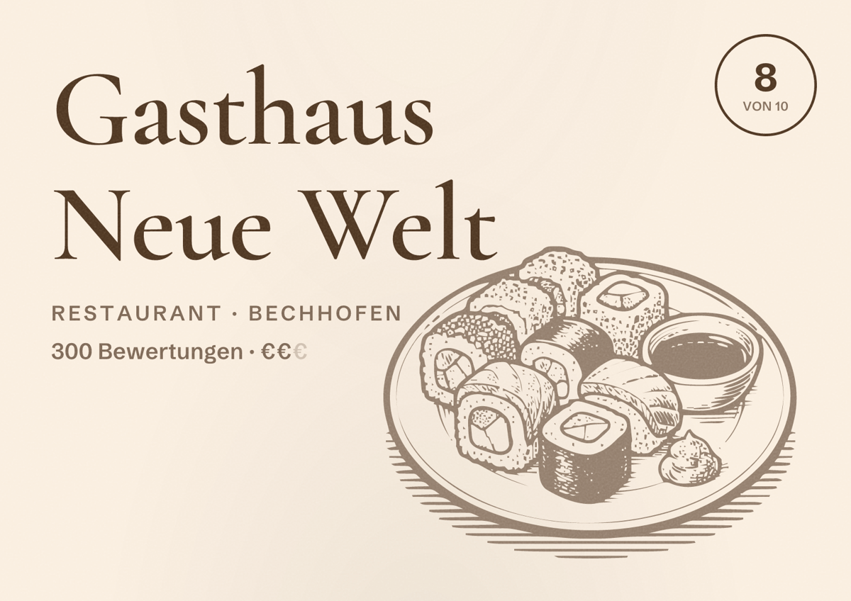 Illustriertes Poster von Gasthaus Neue Welt, Restaurant in Bechhofen: Bewertung 8 von 10 aus 300 Bewertungen, Preisniveau €€