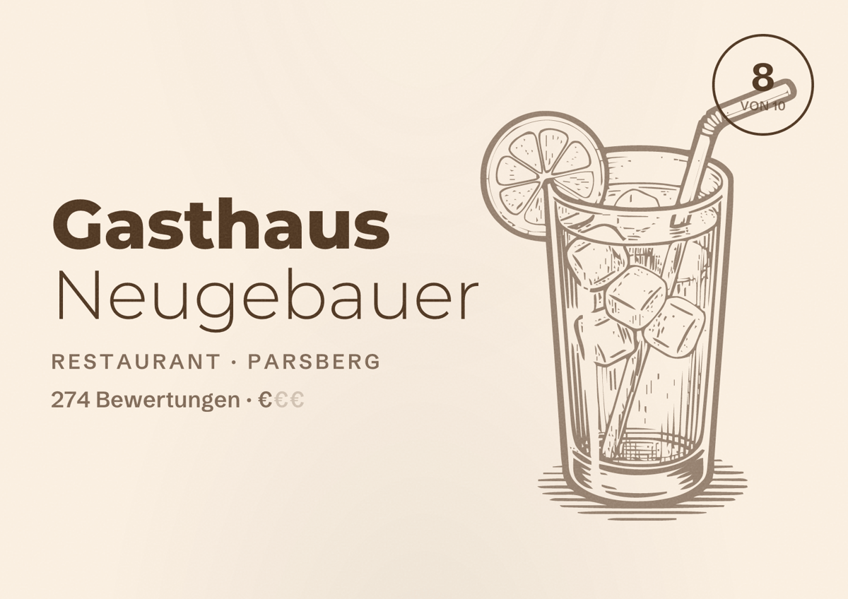 Illustriertes Poster von Gasthaus Neugebauer, Restaurant in Parsberg: Bewertung 8 von 10 aus 274 Bewertungen, Preisniveau €