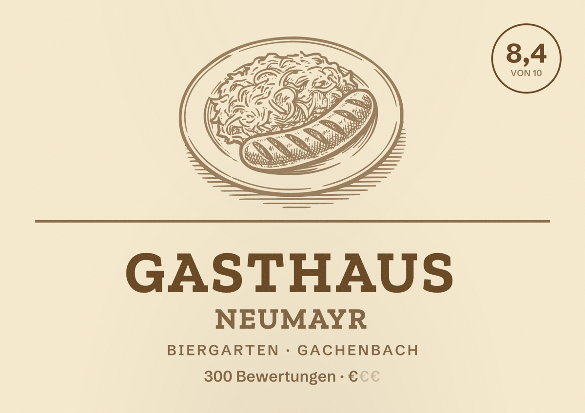 Illustriertes Poster von Gasthaus Neumayr, Biergarten in Gachenbach: Bewertung 8,4 von 10 aus 300 Bewertungen, Preisniveau €
