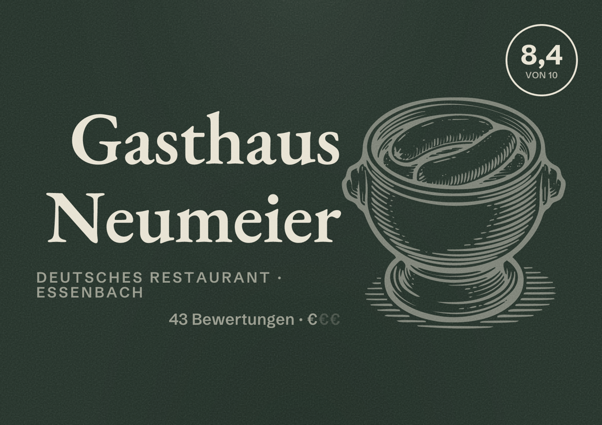 Illustriertes Poster von Gasthaus Neumeier, Deutsches Restaurant in Essenbach: Bewertung 8,4 von 10 aus 43 Bewertungen, Preisniveau €