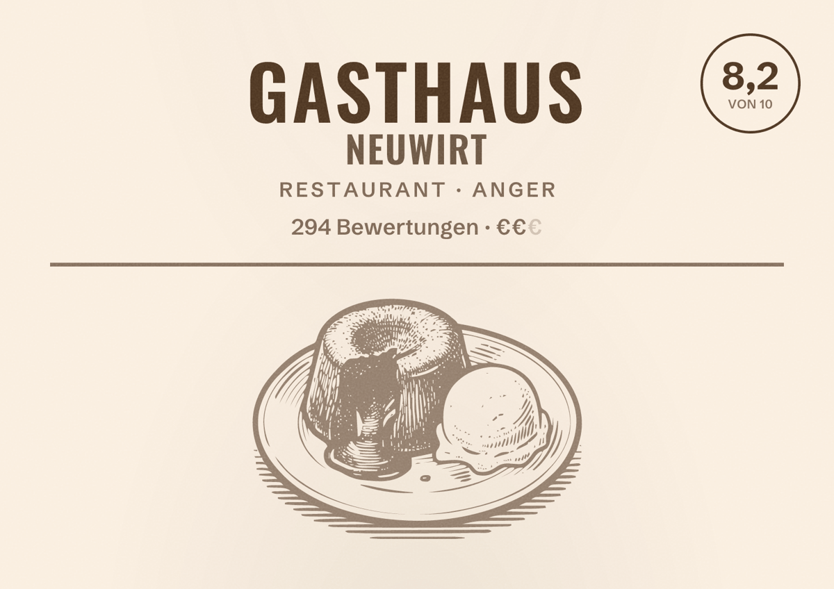 Illustriertes Poster von Gasthaus Neuwirt, Restaurant in Anger: Bewertung 8,2 von 10 aus 294 Bewertungen, Preisniveau €€