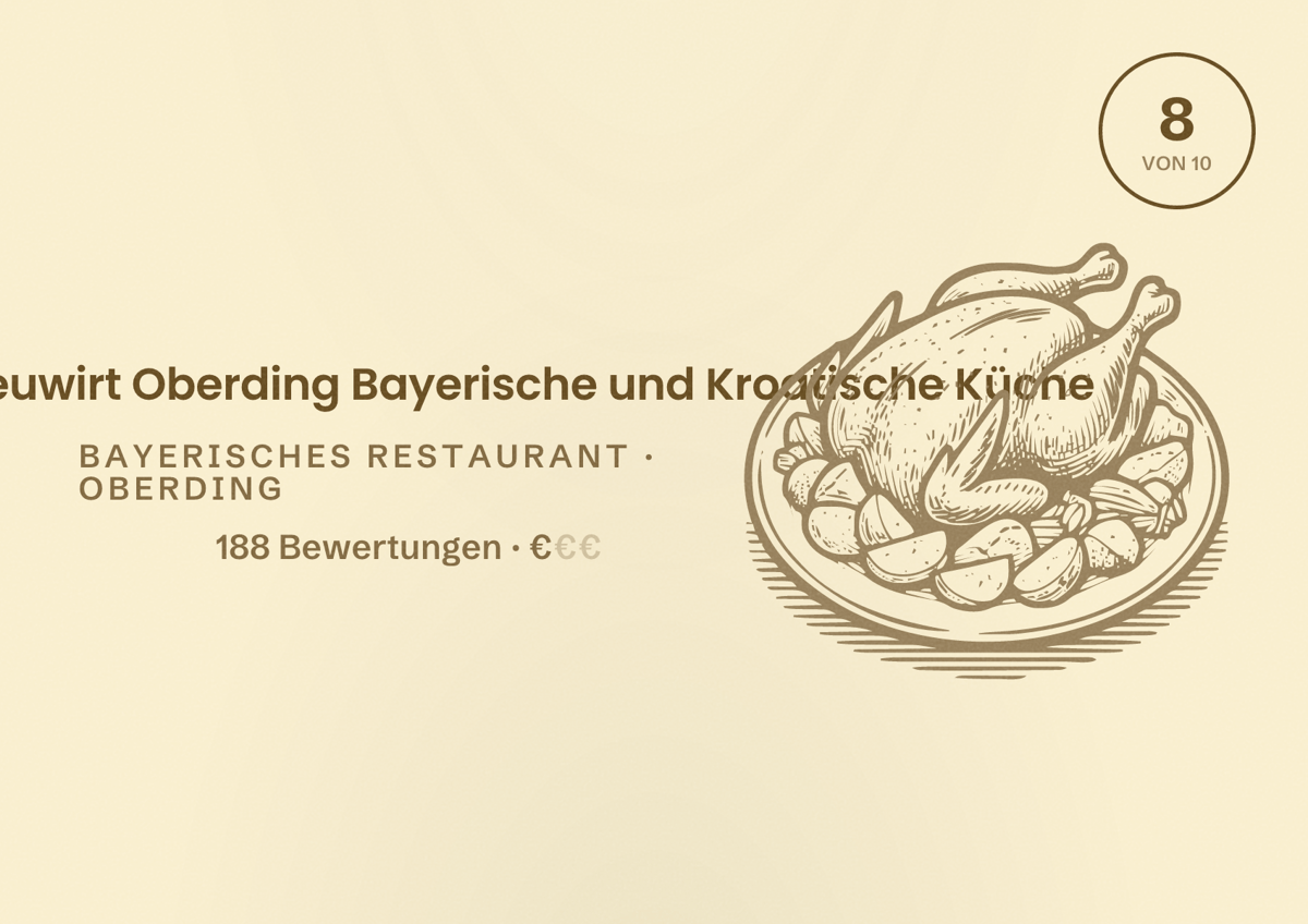 Illustriertes Poster von Gasthaus Neuwirt Oberding Bayerische und Kroatische Küche, Bayerisches Restaurant in Oberding: Bewertung 8 von 10 aus 188 Bewertungen, Preisniveau €