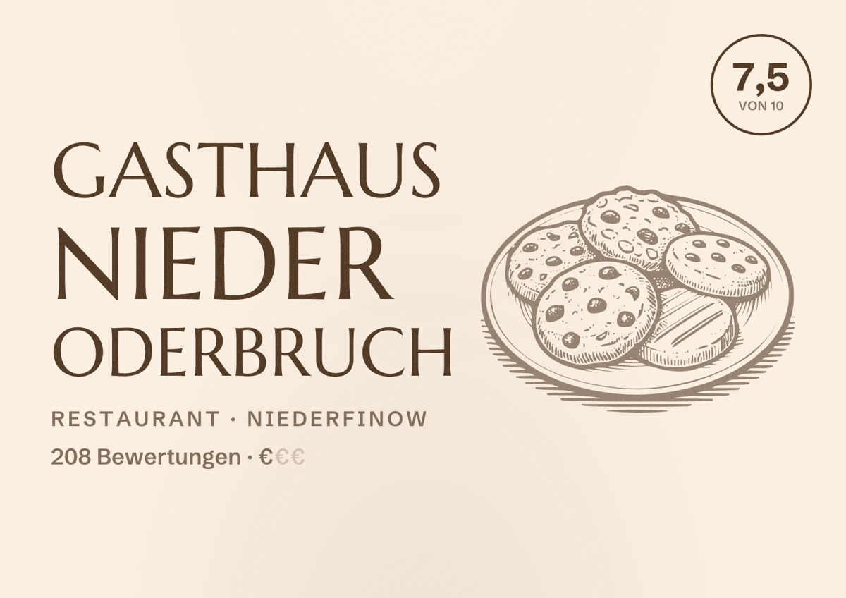 Illustriertes Poster von Gasthaus Nieder Oderbruch, Restaurant in Niederfinow: Bewertung 7,5 von 10 aus 208 Bewertungen, Preisniveau €