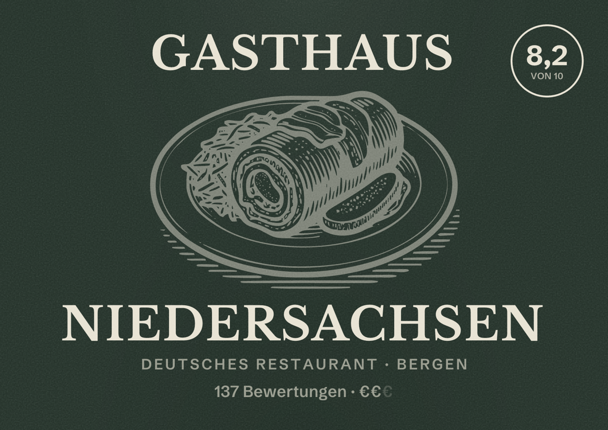 Illustriertes Poster von Gasthaus Niedersachsen, Deutsches Restaurant in Bergen: Bewertung 8,2 von 10 aus 137 Bewertungen, Preisniveau €€