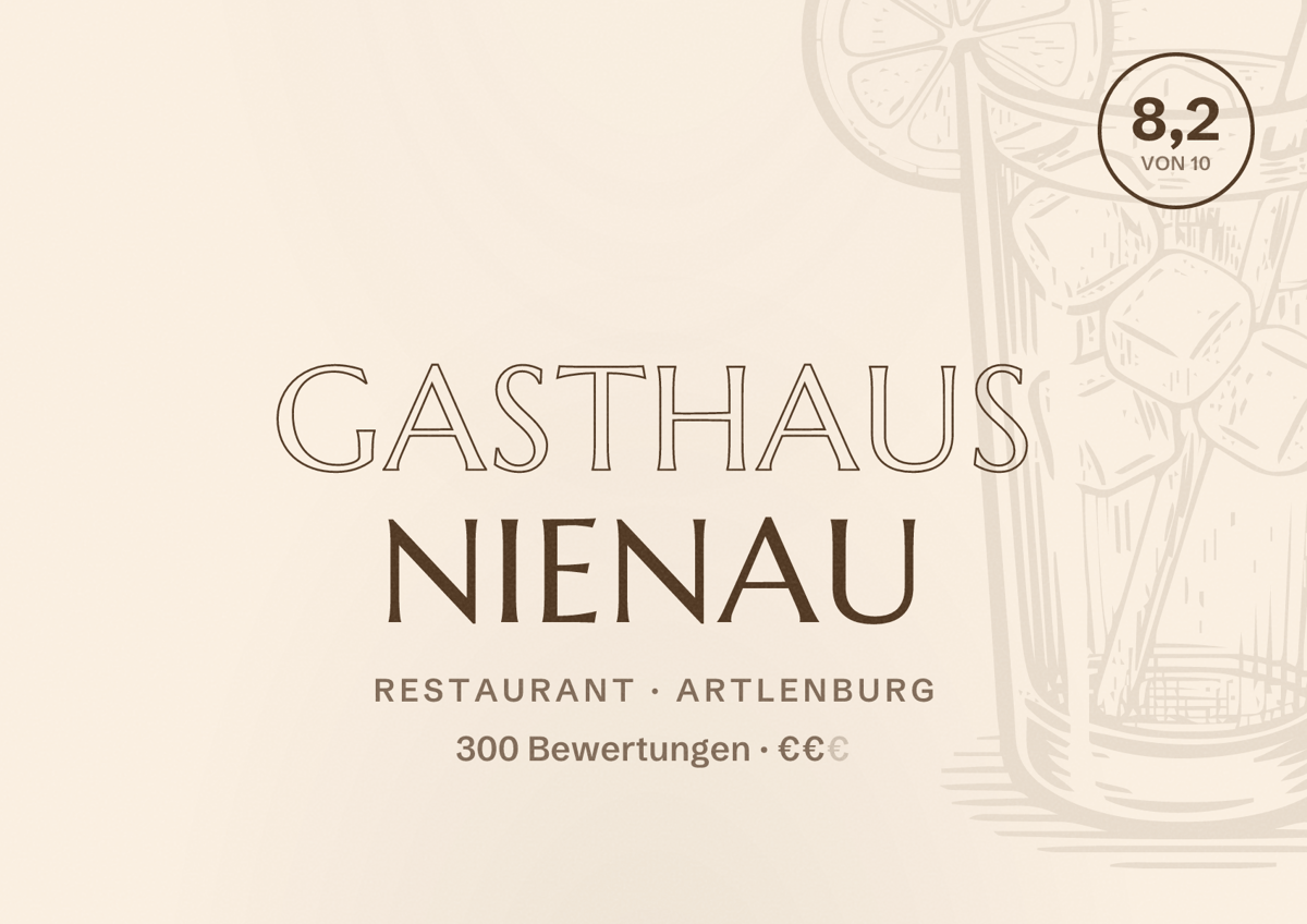 Illustriertes Poster von Gasthaus Nienau, Restaurant in Artlenburg: Bewertung 8,2 von 10 aus 300 Bewertungen, Preisniveau €€