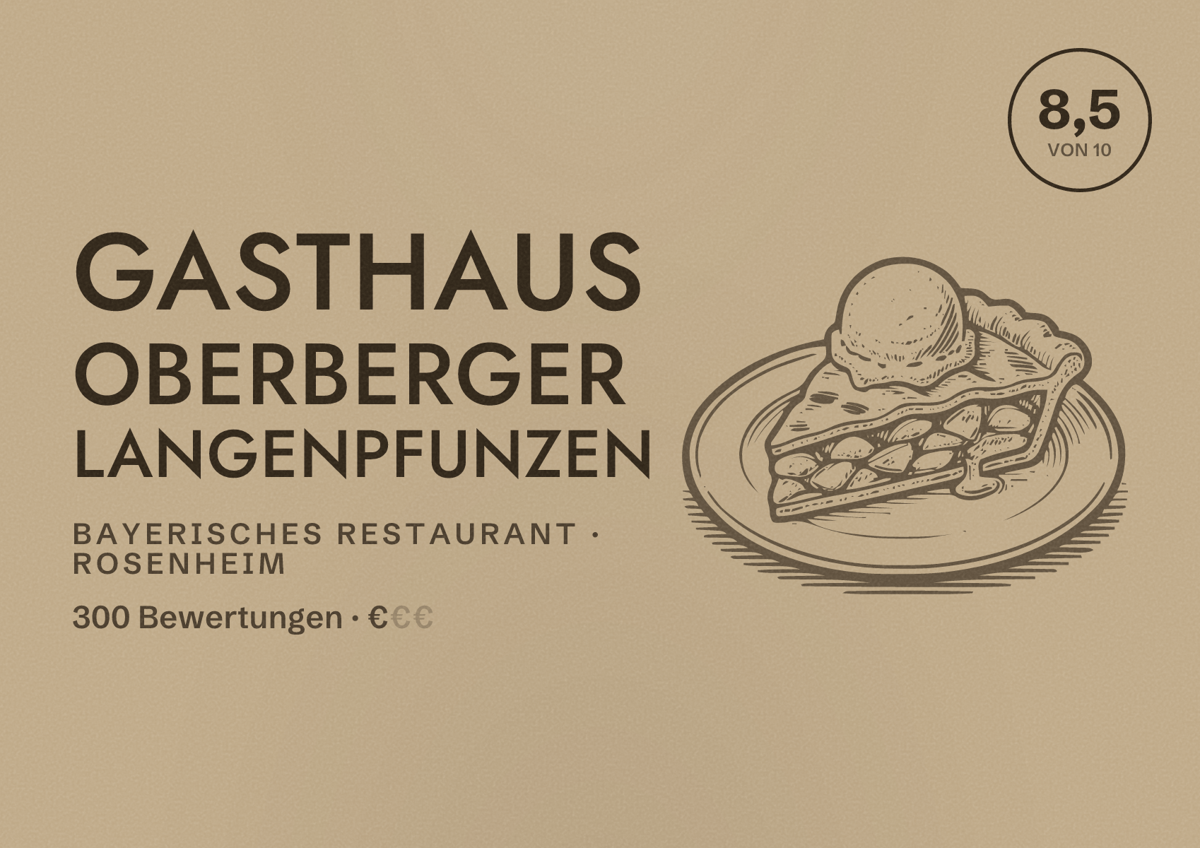 Illustriertes Poster von Gasthaus Oberberger Langenpfunzen, Bayerisches Restaurant in Rosenheim: Bewertung 8,5 von 10 aus 300 Bewertungen, Preisniveau €