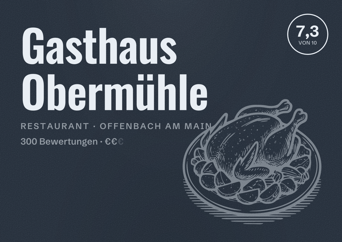 Illustriertes Poster von Gasthaus Obermühle, Restaurant in Offenbach am Main: Bewertung 7,3 von 10 aus 300 Bewertungen, Preisniveau €€
