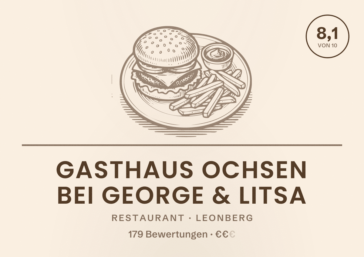 Illustriertes Poster von Gasthaus Ochsen bei George & Litsa, Restaurant in Leonberg: Bewertung 8,1 von 10 aus 179 Bewertungen, Preisniveau €€