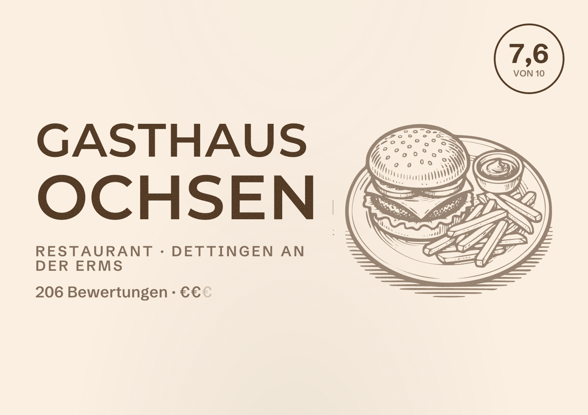 Illustriertes Poster von Gasthaus Ochsen, Restaurant in Dettingen an der Erms: Bewertung 7,6 von 10 aus 206 Bewertungen, Preisniveau €€