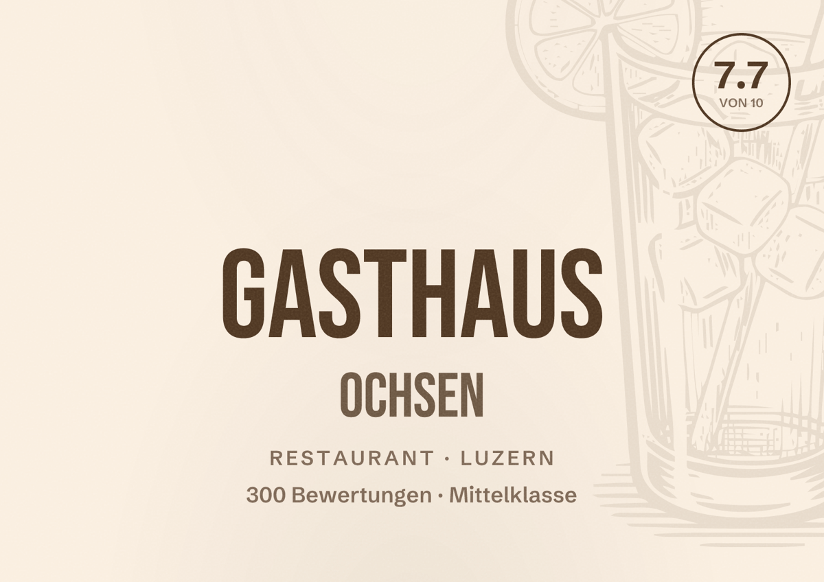 Illustriertes Poster von Gasthaus Ochsen, Restaurant in Luzern: Bewertung 7.7 von 10 aus 300 Bewertungen, Preisniveau Mittelklasse