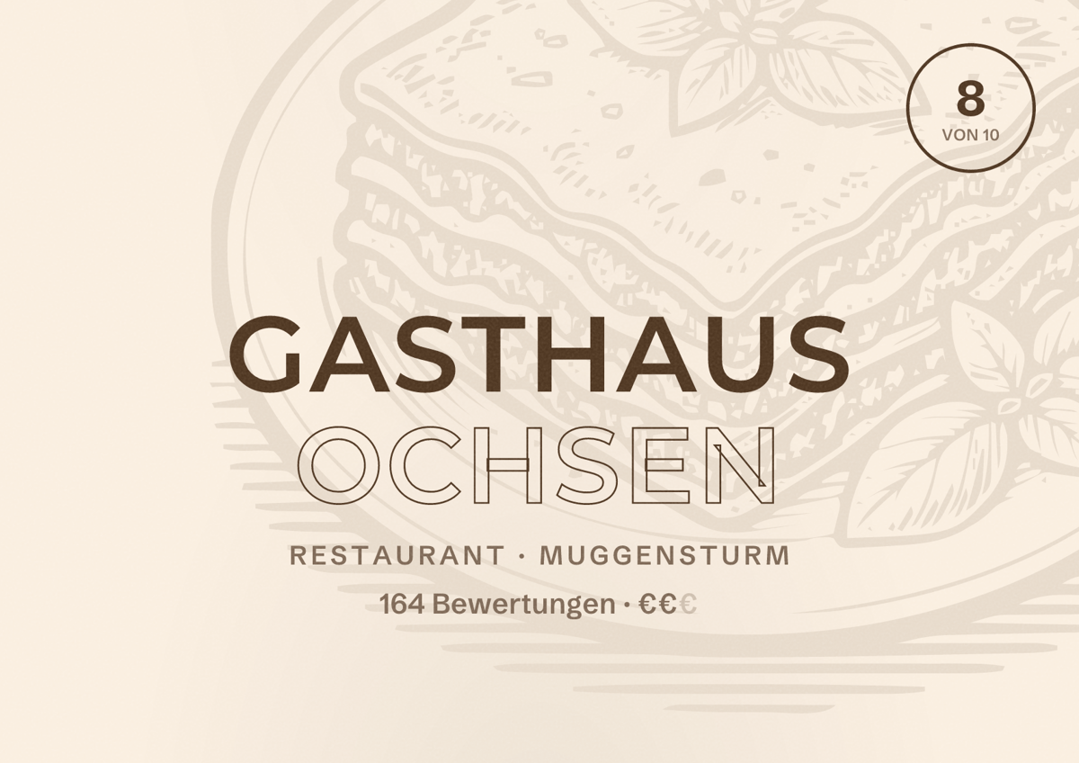 Illustriertes Poster von Gasthaus Ochsen, Restaurant in Muggensturm: Bewertung 8 von 10 aus 164 Bewertungen, Preisniveau €€