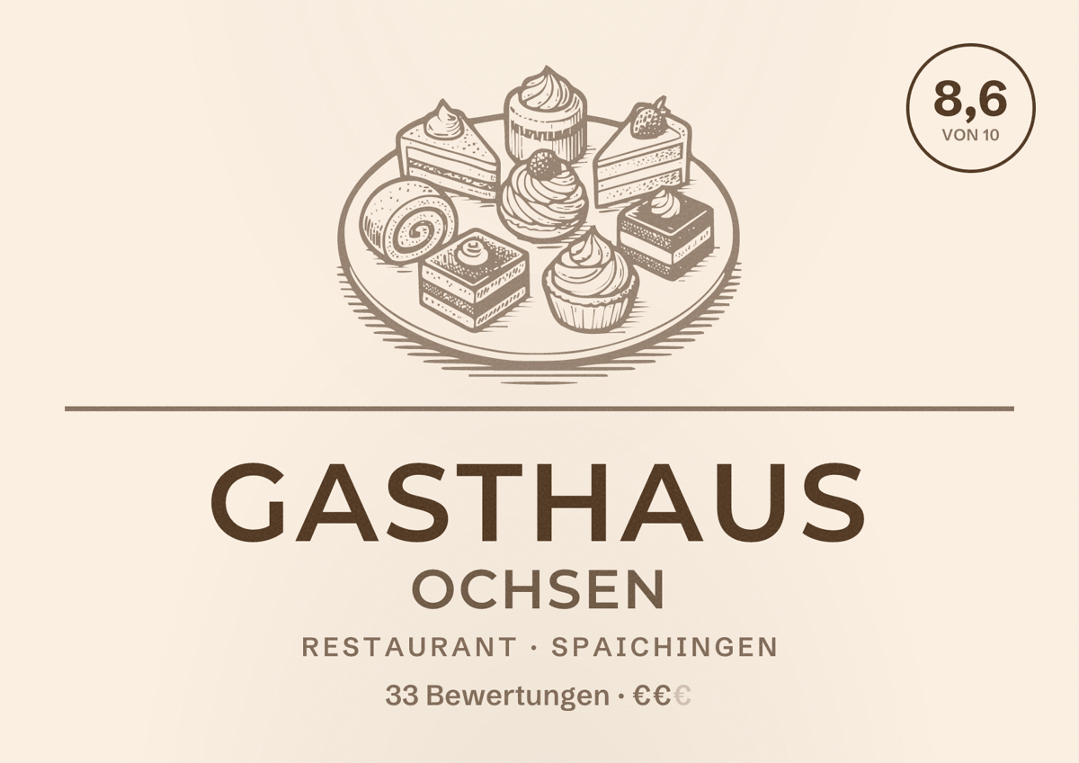 Illustriertes Poster von Gasthaus Ochsen, Restaurant in Spaichingen: Bewertung 8,6 von 10 aus 33 Bewertungen, Preisniveau €€