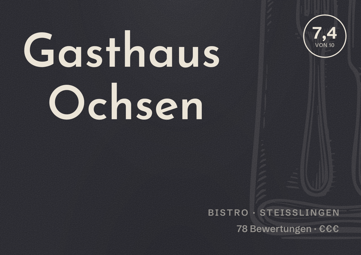 Illustriertes Poster von Gasthaus Ochsen, Bistro in Steißlingen: Bewertung 7,4 von 10 aus 78 Bewertungen, Preisniveau €€€